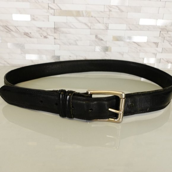 Belt‎ Mens Medium Black Dress Genuine Leather Silver Buckle Frame Solid Handmade - Picture 3 of 11